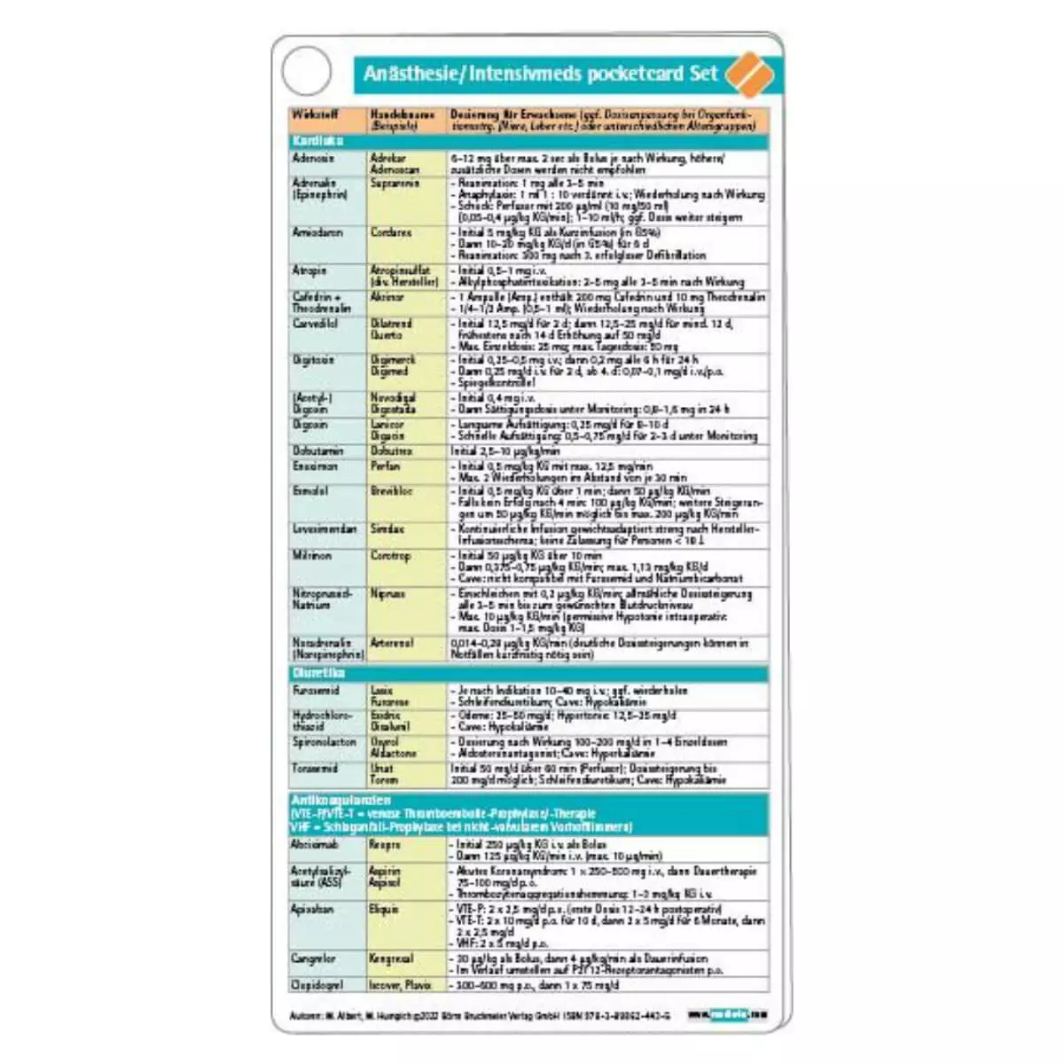  Set des cartes poches d'anesthésie et des soins intensifs 2018